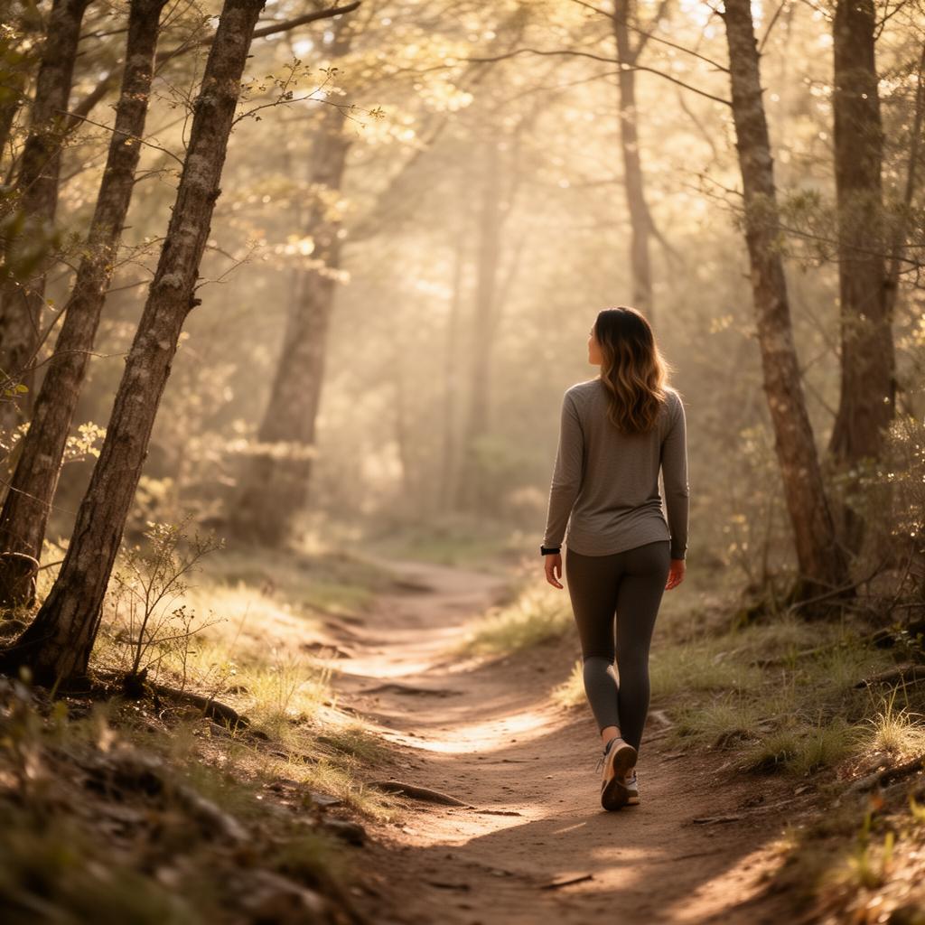 Woman walking on a garden path in soft light